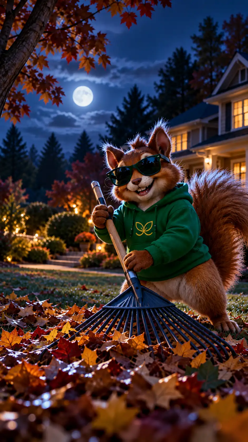 GreenScape squirrel mascot raking autumn leaves