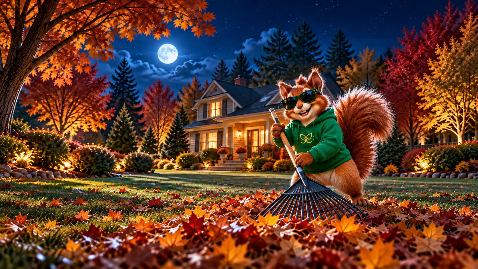 GreenScape squirrel mascot raking autumn leaves