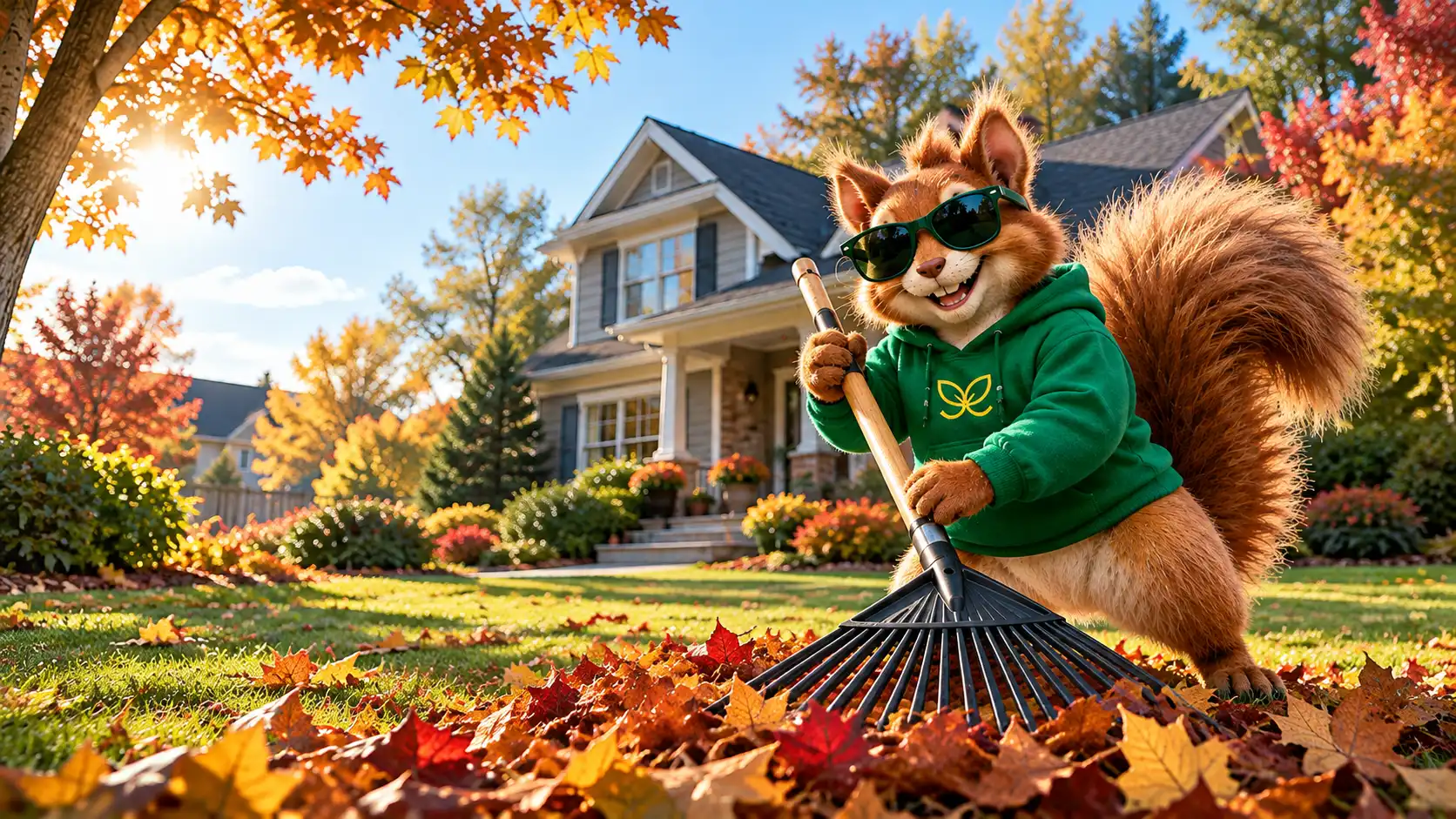 GreenScape squirrel mascot raking autumn leaves